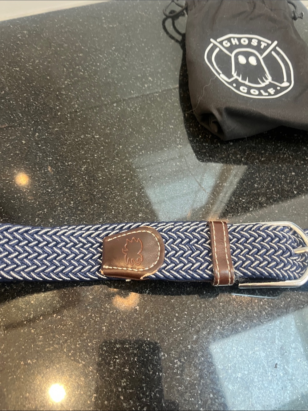 Men’s Navy Ghost golf Woven Belt with Brown Leather Trim